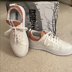 Women's White and Pink Leather Casual Sneakers